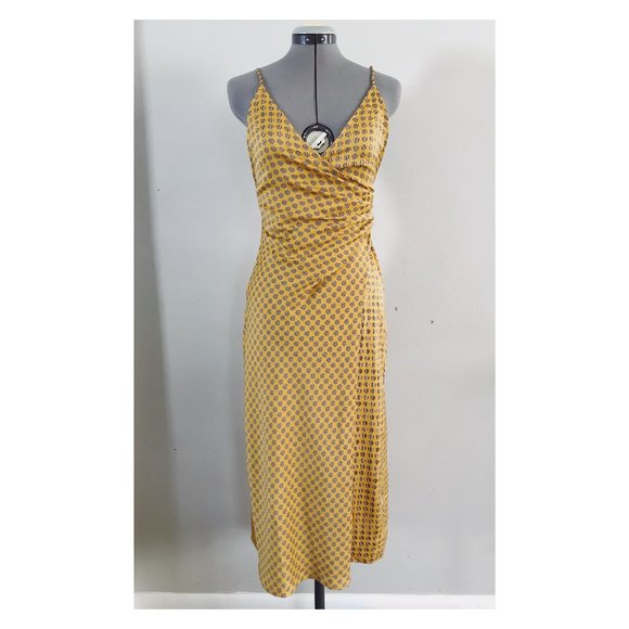 Urban Outfitters Sz S/P Lily Satin Wrap Midi Dress Golden Yellow - Picture 1 of 9
